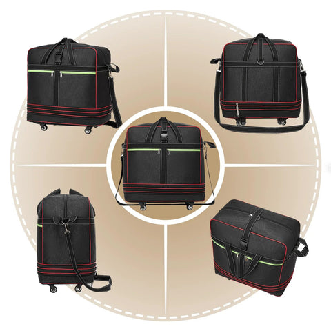 Foldable rolling duffel bag with wheels; front and side views in black with red and green trim.