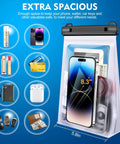 Large Waterproof Phone Pouch With Sealing Strip, Floating Dry Bag For Kayaks And Beach Trips, IPX8, shows contents capacity