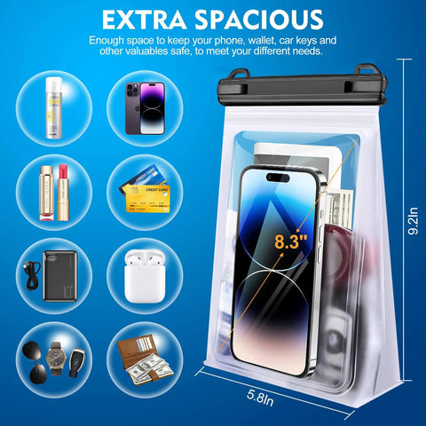 Large Waterproof Phone Pouch With Sealing Strip, Floating Dry Bag For Kayaks And Beach Trips, IPX8, shows contents capacity