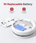 Four Pack Photoelectric Smoke Detectors With Replaceable Battery And Test Silence Button For Your Home Safety Easy Install Fast 360 Degree Coverage And Eighty Five Decibel Alarm For Quick Fire Alerts, open detector with 9V battery