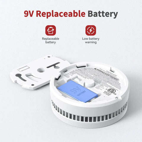 Four Pack Photoelectric Smoke Detectors With Replaceable Battery And Test Silence Button For Your Home Safety Easy Install Fast 360 Degree Coverage And Eighty Five Decibel Alarm For Quick Fire Alerts, open detector with 9V battery