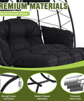Close-up of Two Person Outdoor Hanging Egg Chair With Stand And Adjustable Footrest Oversized Wicker Swing Chair With Thick Cushions, Black.