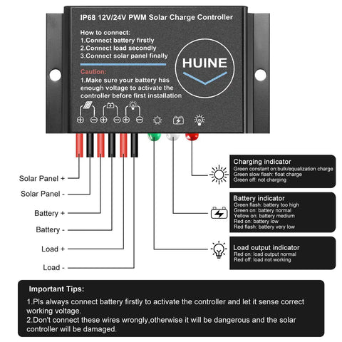 Diagram of 20A 12V 24V IP68 Waterproof PWM Solar Charge Controller showing connections and indicators