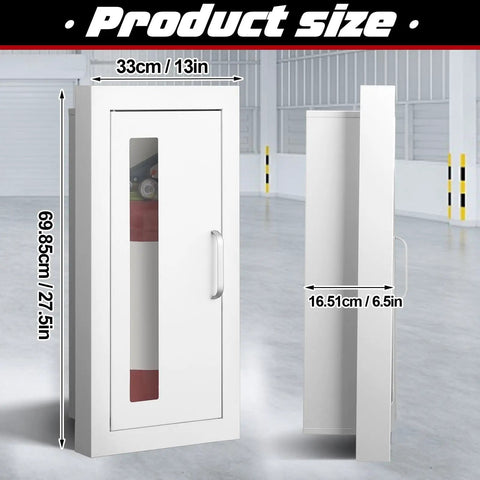 Front and side view of Semi Recessed Fire Extinguisher Cabinet For 10 Pound Dry Chemical Extinguisher Unit Industrial Wall Mount Box With Handle Door White Finish 4 Inch Wall Depth Easy Install Built In Mounting Quick Access Fits Extinguishers Up To 24 Inches High in a warehouse setting.