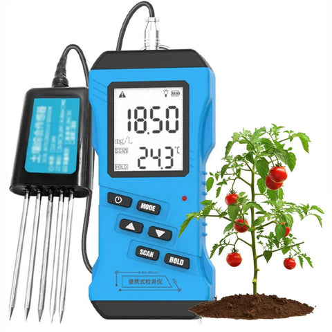 7 In 1 Rapid Soil Tester Kit With NPK, pH, Moisture, and Conductivity Meter next to a tomato plant, backlit digital display shown.