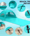 Family Size Beach Sun Shelter With 114 By 82 Inch Extended Mat For 3 To 6 People, UPF 50 Plus UV Protection, detail view of setup features