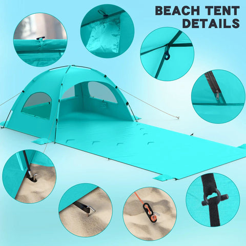 Family Size Beach Sun Shelter With 114 By 82 Inch Extended Mat For 3 To 6 People, UPF 50 Plus UV Protection, detail view of setup features