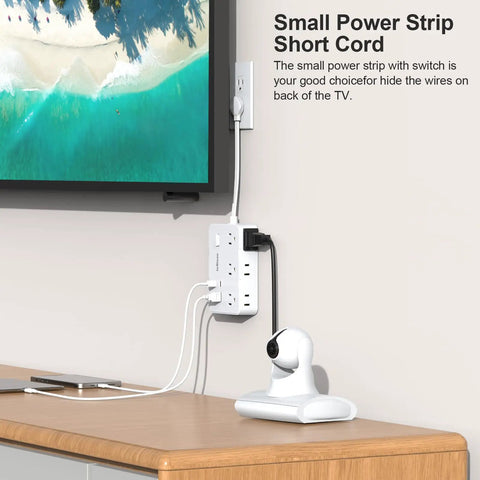 Game Changing Desktop Surge Protector Power Strip With Six AC Outlets And Four USB Charging Ports Low Profile Extension Cord shown mounted on wall.