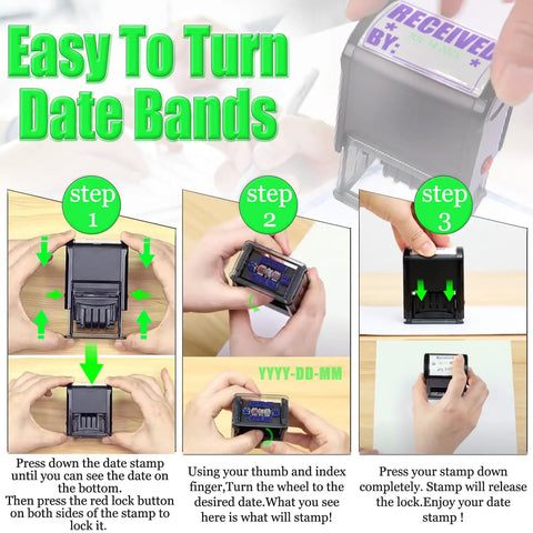 Instructional steps for using Slick No Sweat Self Inking Paid Stamp With Date And Check Number, showcasing date adjustment.