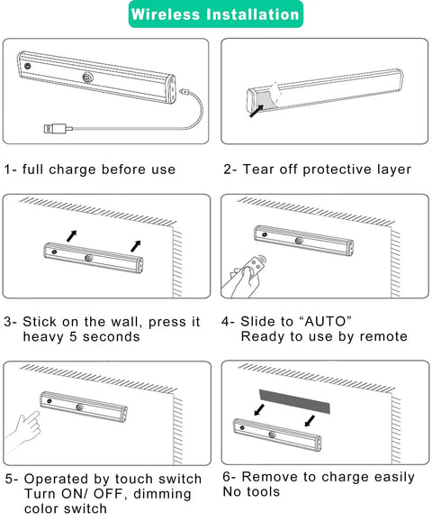 Installation guide for Under Cabinet Lighting Kit With Remote And Touch Switch showing steps 1 to 6, including charging and mounting.