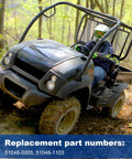 Gas fuel cap replacement for Kawasaki Mule UTV; gray rugged vehicle with forest backdrop.