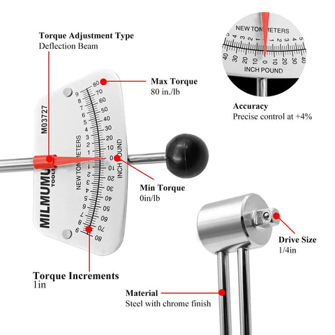 Front view of MILMUMU 1/4in drive deflection-beam torque wrench; steel chrome finish, 0-80 in-lb / 0-9 Nm