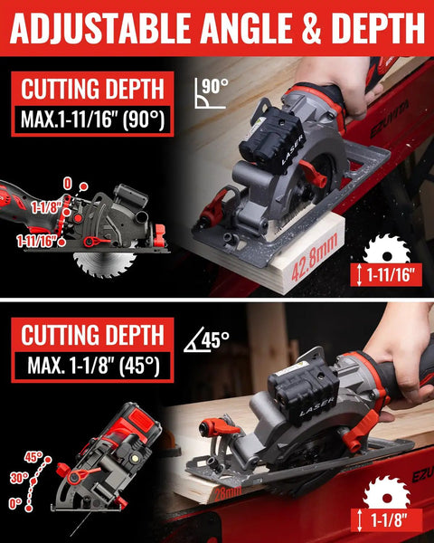 20V Cordless Mini Circular Saw Featuring Beast Mode 4500 RPM Kick And Four And One Half Inch Capacity Includes 20V 3.0Ah Battery displaying adjustable angle and depth features.