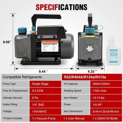 Heavy Duty 3.5 CfM 1/4 HP 110V Single Stage HVAC AC Vacuum Pump Kit With Premium All Copper Motor dimensions and specifications.