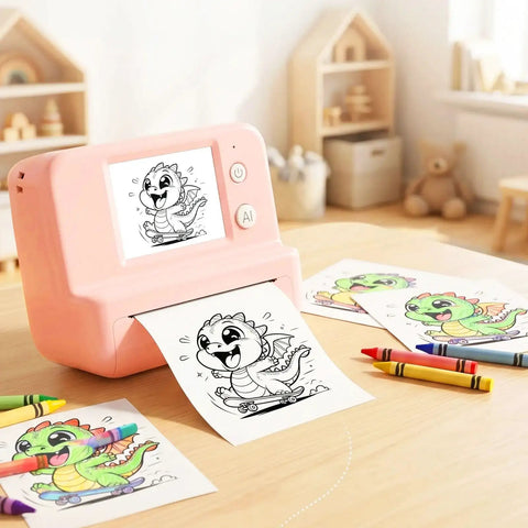 Totally Rad Pink Mini Thermal Printer With AI Voice Recognition And Built In Display Convert Speech To Line Art Instantly printing coloring pages.