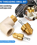 Close-up of Dual Function PVC Pipe Threader Tool Kit for Internal and External Threads on Water Pipes Drill Compatible in use.