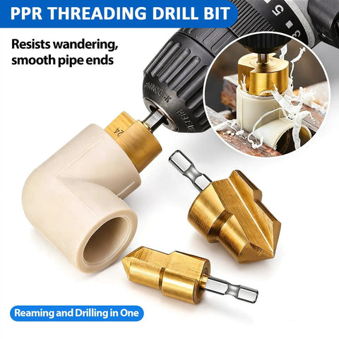 Close-up of Dual Function PVC Pipe Threader Tool Kit for Internal and External Threads on Water Pipes Drill Compatible in use.