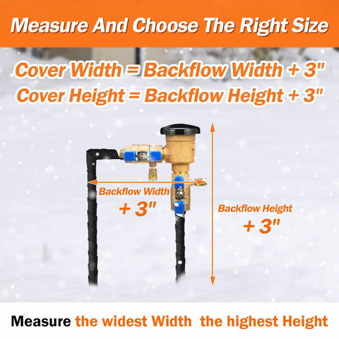 Backflow Preventer Pipe Insulation Cover For Winter Freeze Protection, measuring dimensions for installation in snow.