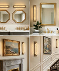 LuminaBrass Alabaster Wall Sconce, Solid Brass Home Indoor Wall Lighting above modern bathroom sinks with mirrors.