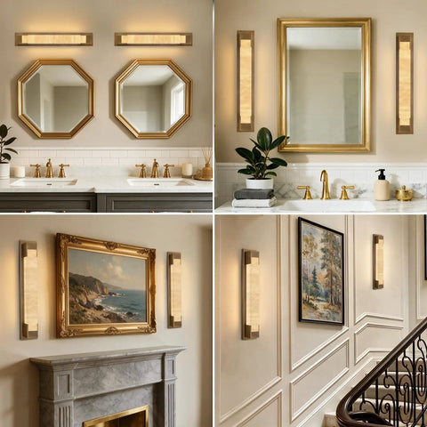 LuminaBrass Alabaster Wall Sconce, Solid Brass Home Indoor Wall Lighting above modern bathroom sinks with mirrors.