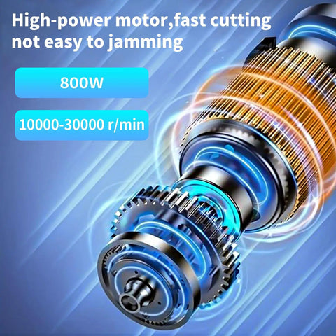 Beefy 800W Trim Router Kit With 6 Speed Range From 10000 To 30000 RPM, ER11 Collet, high-power motor close-up illustration