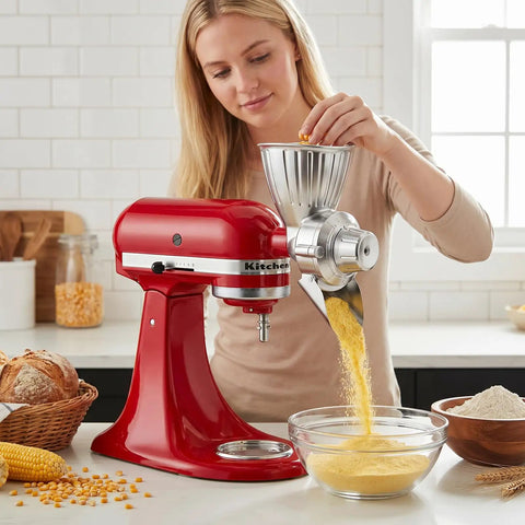 Person using Grain Mill Attachment For KitchenAid Stand Mixer With Nine Grind Levels For Fresh Flour From Wheat Corn Oats Millet And Coffee Beans Easy Tool Free Setup And Uses Your Mixer Power For Efficient Grinding