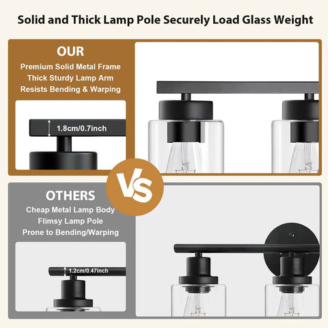 Solid and thick lamp pole detail of Top Shelf Four Light Bathroom Vanity Fixture With Slick Matte Black Frame And Knockout Clear Glass Shades.