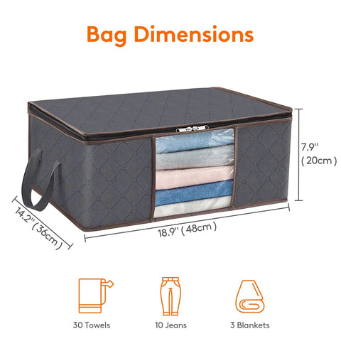 8 Pack Foldable Closet Storage Bins With Clear Windows And Reinforced Handles showcasing dimensions and capacity with folded clothes inside.