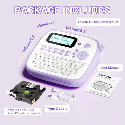 Handheld Electric Label Maker With Keyboard And BZ Laminated Tapes Offering Super Slick Operation, includes label tape and USB cable.