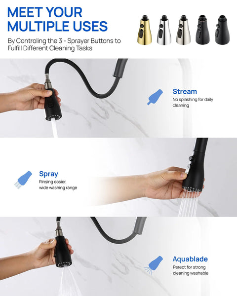 Top Shelf Slick Pull Down Kitchen Faucet Sprayer Head Replacement In Matte Black showcasing three spray options in use.