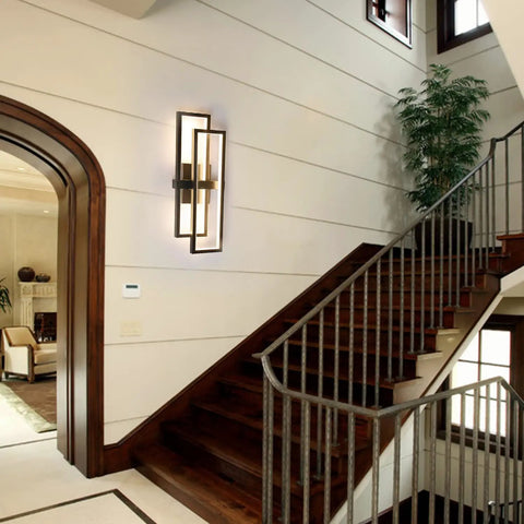 Sleek Black LED Wall Light Sconce 20W 1800 Lumen Triac Dimmable Indoor Fixture in hallway above staircase