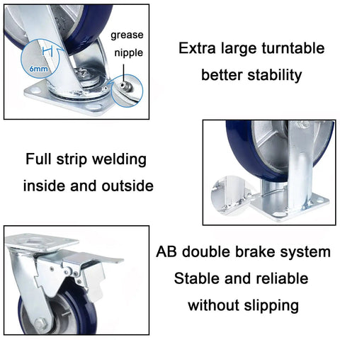 Heavy Duty Swivel Caster Wheels With Brakes For Furniture And Workbenches, Quiet Polyurethane Castors With 360 Degree Top Plate