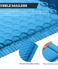 Close-up of Blue Aluminum Film Bubble Mailers 50 Count, Built Tough Padded Envelopes With Self Sealing, showing sealing detail.