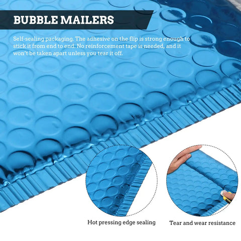 Close-up of Blue Aluminum Film Bubble Mailers 50 Count, Built Tough Padded Envelopes With Self Sealing, showing sealing detail.