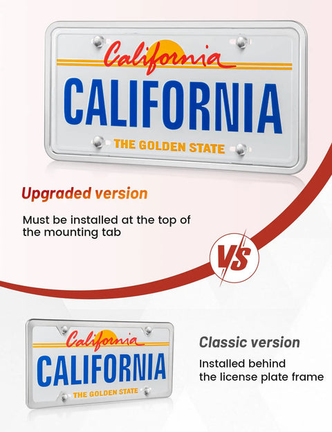 Comparison of upgraded vs classic license plate installation with text instructions.