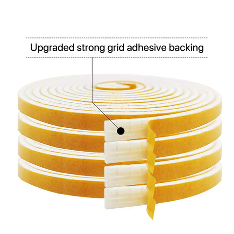 Top Tier Closed Cell Weather Stripping Foam Tape Four Rolls White Door Window Gasket Seal Self Adhesive Draft Blocker showing strong adhesive backing.