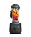 Real Deal Kitchen Workhorse Professional Grade Blender With Sixty Four Ounce Container Killer Motor For Smooth Consistent Blends Perfect Soups Sauces And Frozen Desserts Quick Rinse Clean Matte Black with fruit-filled jar.