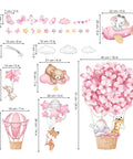 Cute Animal Wall Stickers Set With Hot Air Balloon Elephant Giraffe Bear And Airplane Designs For Girls Room Nursery Baby Bedroom Easy Peel And Stick Waterproof PVC Decals showing various animals and balloons