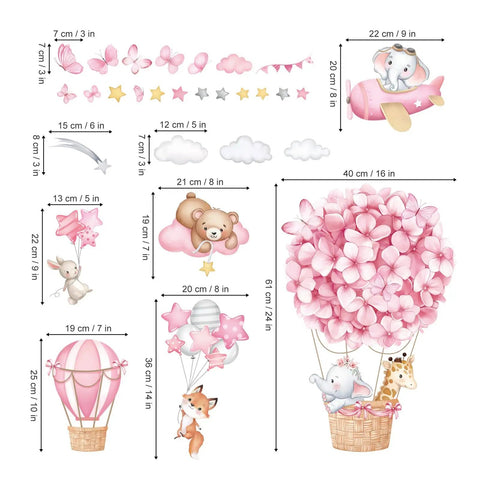 Cute Animal Wall Stickers Set With Hot Air Balloon Elephant Giraffe Bear And Airplane Designs For Girls Room Nursery Baby Bedroom Easy Peel And Stick Waterproof PVC Decals showing various animals and balloons