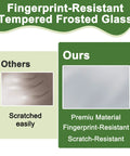 Comparison of fingerprint-resistant tempered frosted glass materials, showing premium scratch and fingerprint-resistant features.