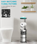 Free Standing Toilet Paper Holder With Shelf In Black Finish Floral Pattern Holds Three Jumbo Mega Rolls On Storage Arm And One On The Dispenser