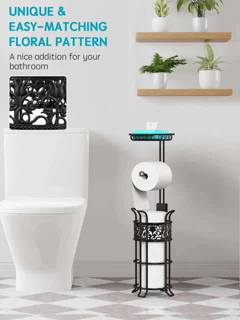 Free Standing Toilet Paper Holder With Shelf In Black Finish Floral Pattern Holds Three Jumbo Mega Rolls On Storage Arm And One On The Dispenser