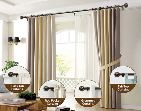 Heavy Duty Adjustable Curtain Rod Set Stretch From 32 To 144 Inches with bronze netted texture finials in living room