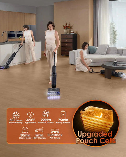Floor One S7 Stretch Cordless Steam Mop And Wet Dry Vacuum All-In-One With 320F HyperSteam in a modern living room setting