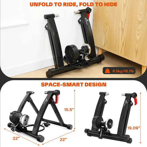 6 Level Magnetic Bike Trainer With Adjustable Resistance For Indoor Cycling Fits 26-28 Inch And 700C Wheels folded and unfolded views