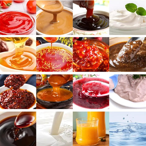 Various viscous sauces and syrups including ketchup, mayonnaise, and honey for use with No Sweat Desktop Fully Automatic Double Head Paste Filling Machine For Viscous Sauces And Syrups With 10 To 100 Ml Capacity Easy Chain Conveyor Belt Integration For Small Business Production Lines.