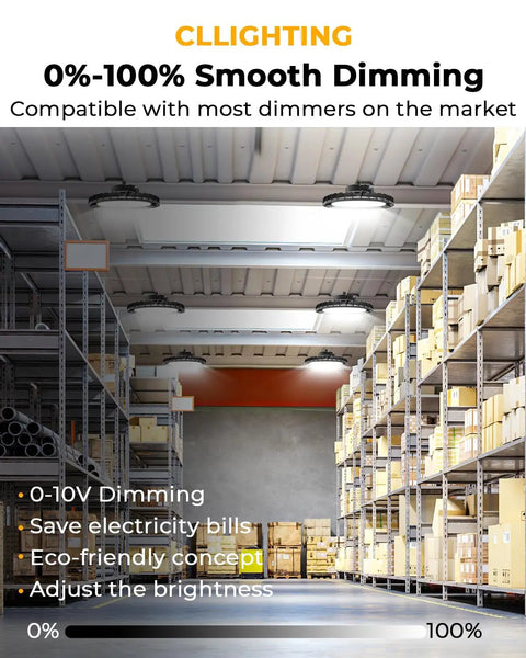 Warehouse lit by Six Pack 150W LED High Bay Light With 24,000 Lumens, showing 0-100% smooth dimming feature, shelving units visible