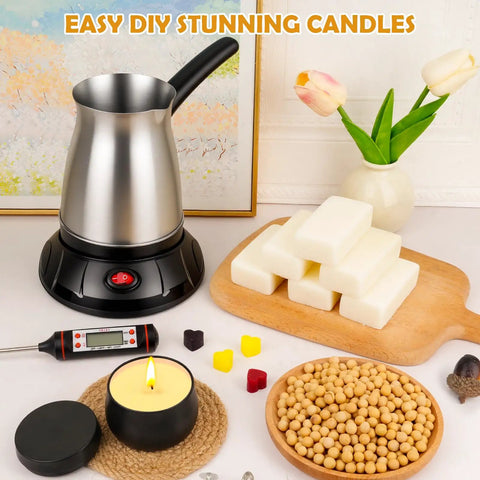 Candle Making Kit With Wax Melter For Beginners And Adults showing melter, wax blocks, thermometer, and soybeans on table.
