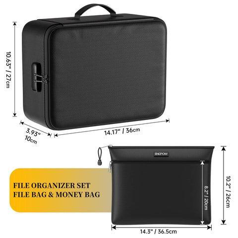 Fireproof Document Bag With Lock And Zipper Organizer Set, black case dimensions shown, fire safe storage.