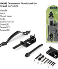 Heavy Duty Thumb Gate Latch Kit With 8 Inch Decorative Handle For Wooden Fences And Gates Self Closing Outdoor Gate Lock For Wood Metal Vinyl Garden Black Finish, showing components and packaging.